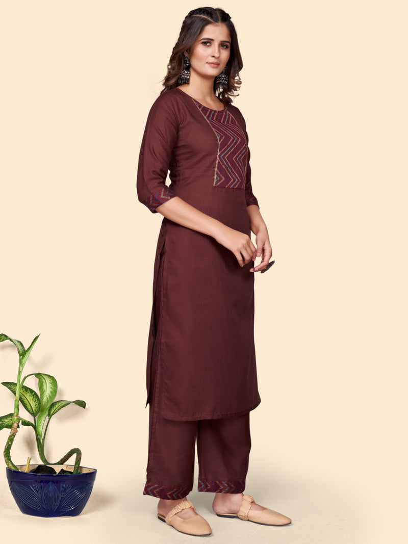 Maroon Straight Cotton Blend Kurta Set