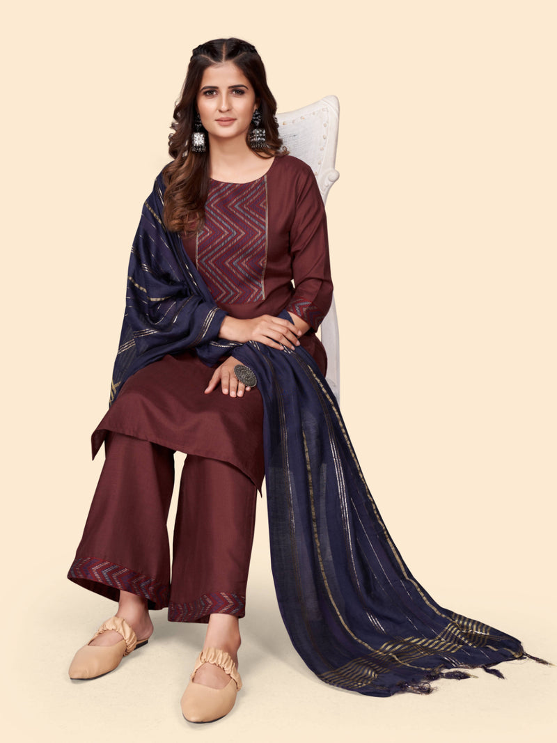 Maroon Straight Cotton Blend Kurta Set