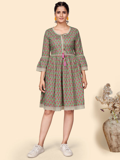 Olive Floral Print Flared Cotton Dress