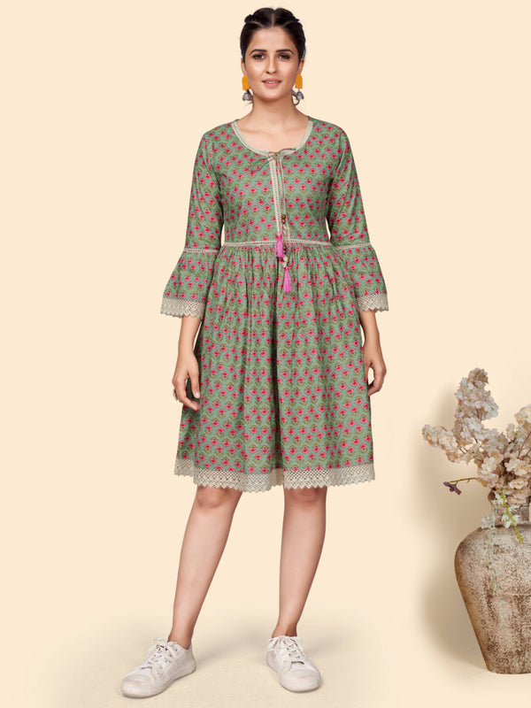 Olive Floral Print Flared Cotton Dress