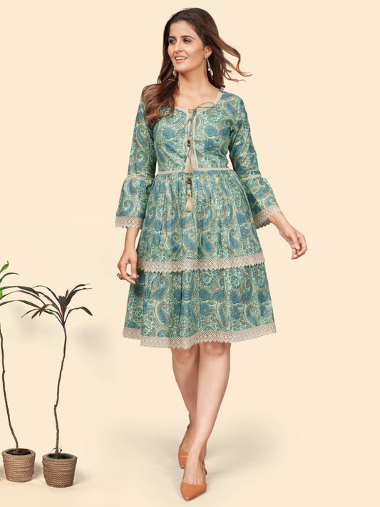 Sea Green Printed Flared Cotton Dress