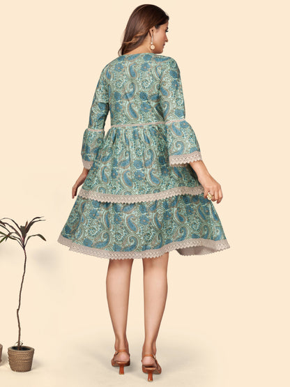 Sea Green Printed Flared Cotton Dress