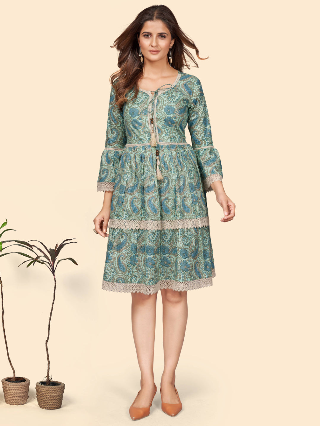 Sea Green Printed Flared Cotton Dress