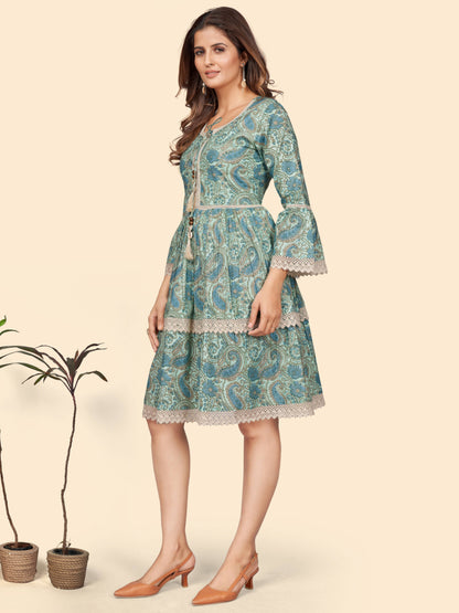 Sea Green Printed Flared Cotton Dress