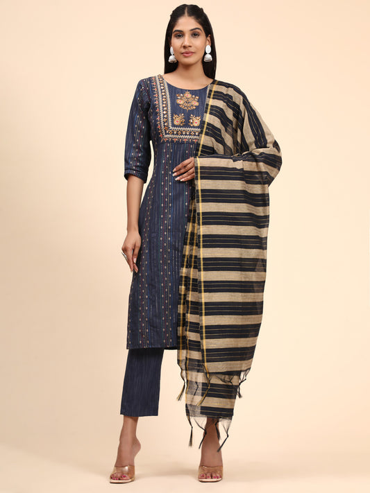 Blue Embroidered Straight Cotton Kurta Set