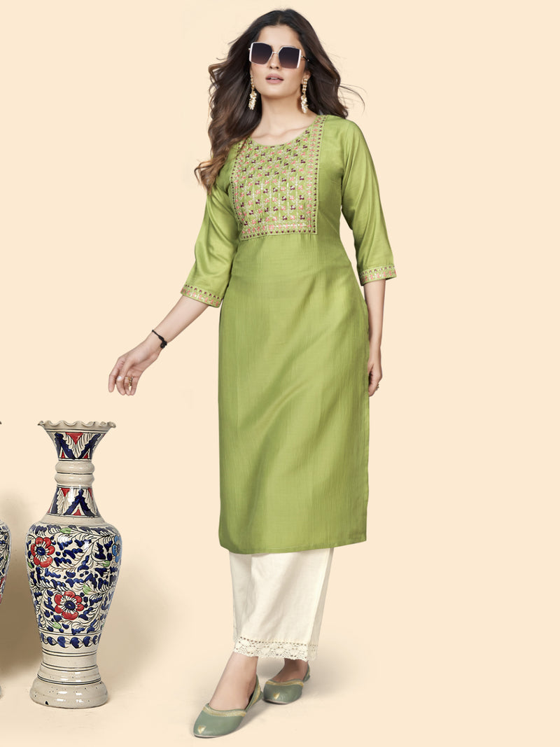 Pista Embroidered Straight Chinon Kurta