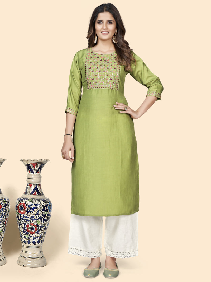 Pista Embroidered Straight Chinon Kurta