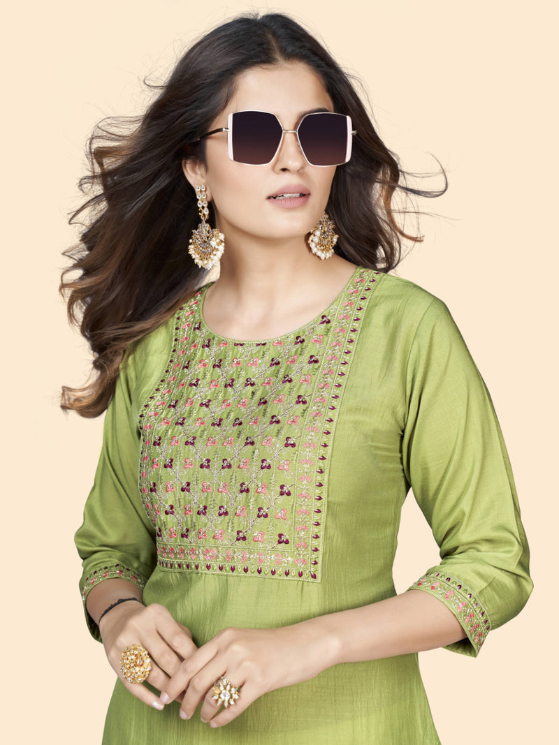 Pista Embroidered Straight Chinon Kurta