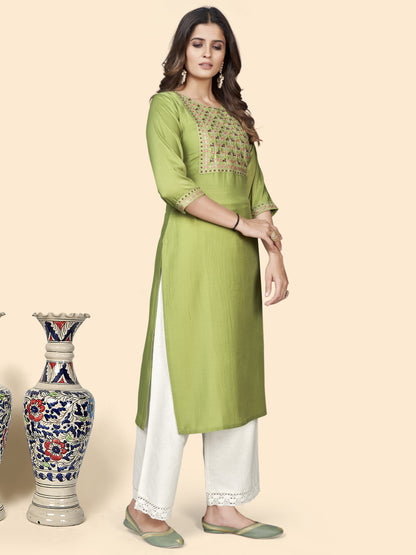 Pista Embroidered Straight Chinon Kurta