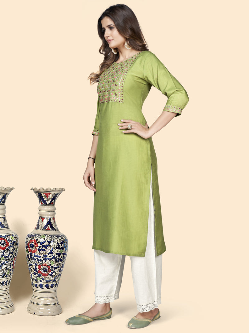 Pista Embroidered Straight Chinon Kurta