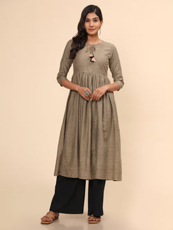 Beige Printed A-Line Yarn Dyed Kurta