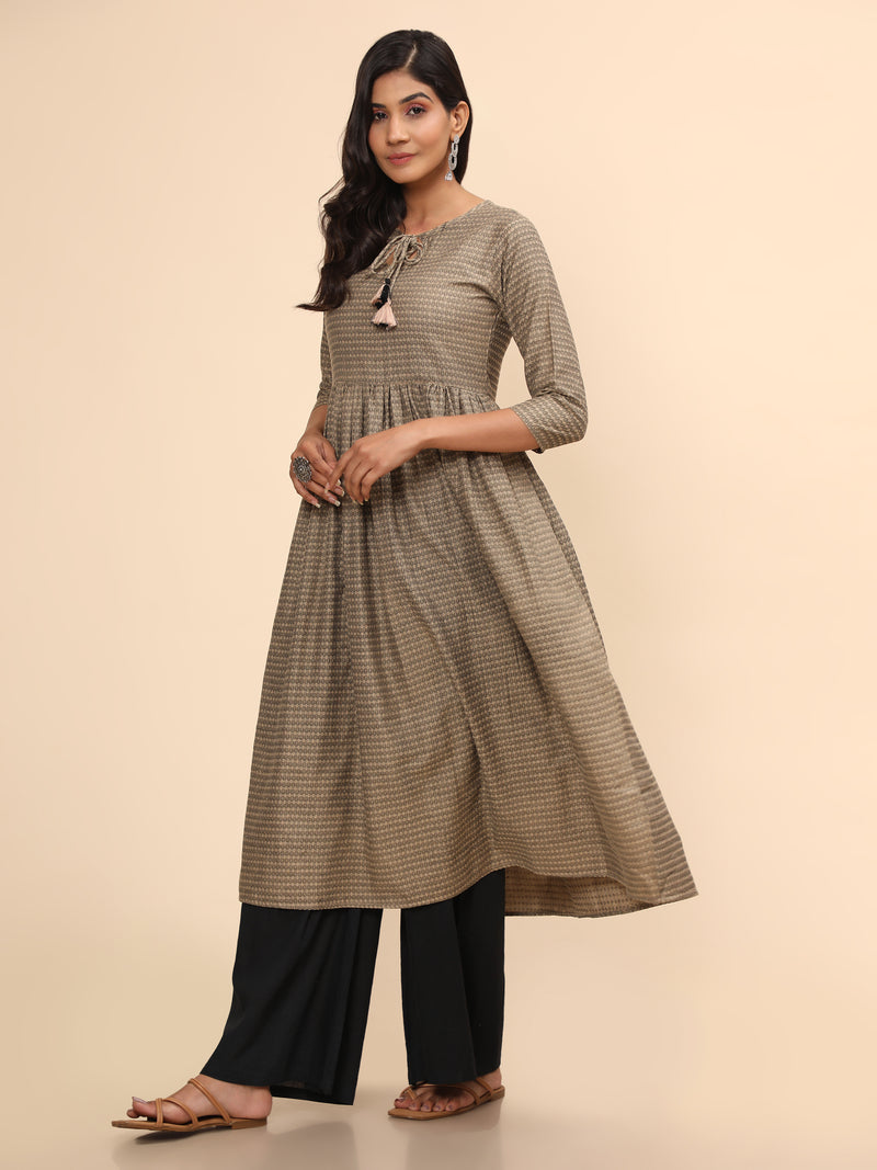 Beige Printed A-Line Yarn Dyed Kurta