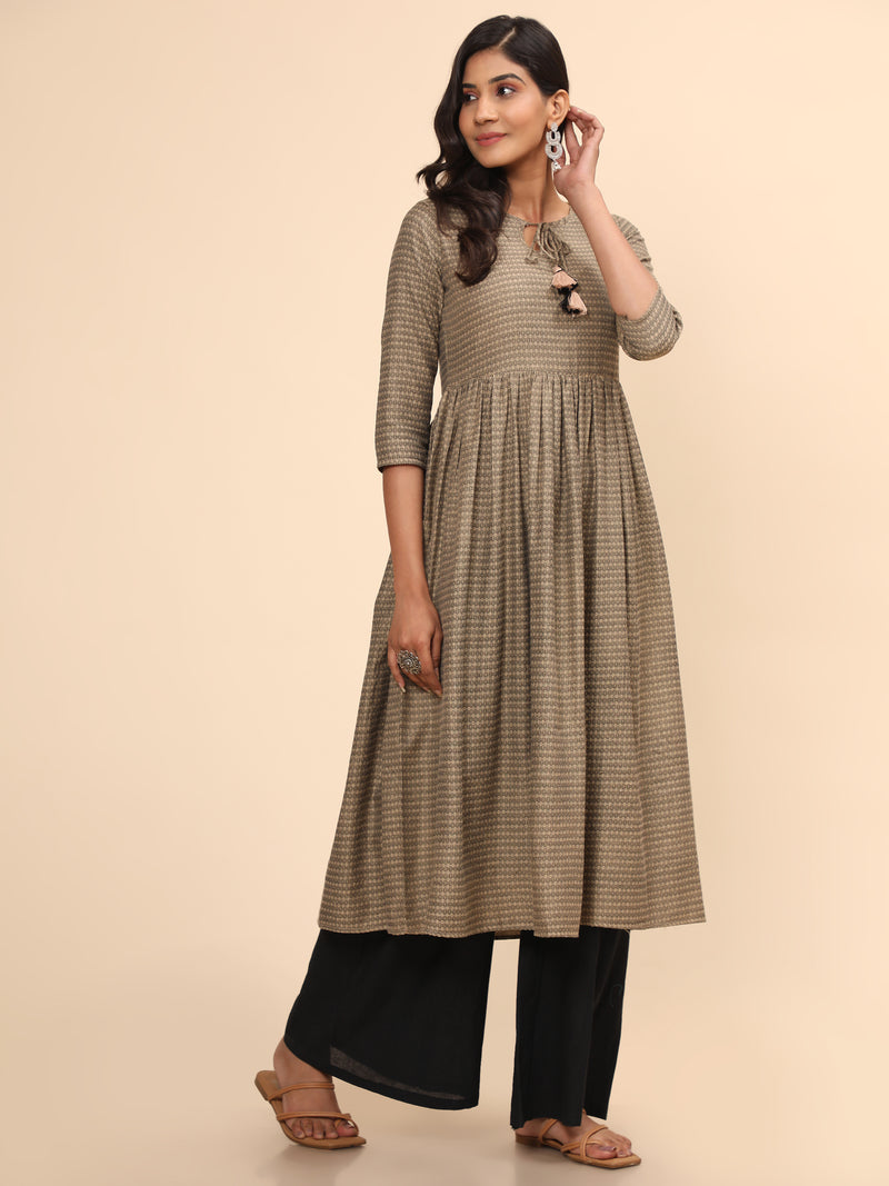 Beige Printed A-Line Yarn Dyed Kurta