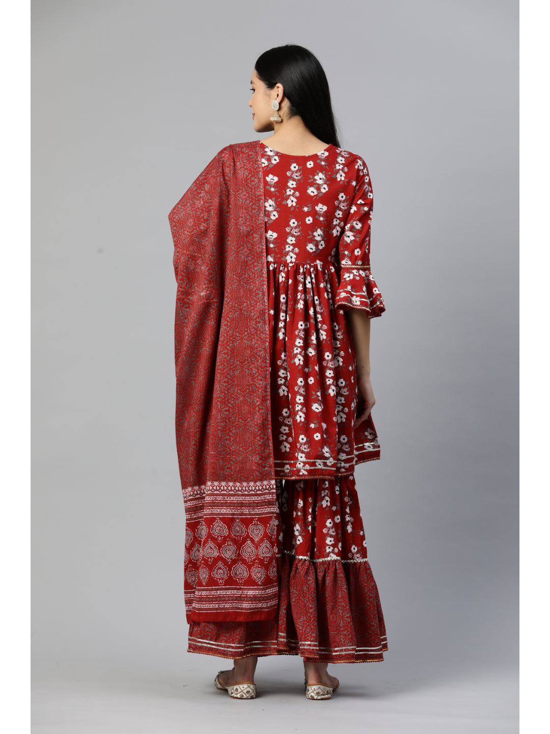 Red Flared Cotton Kurta Set