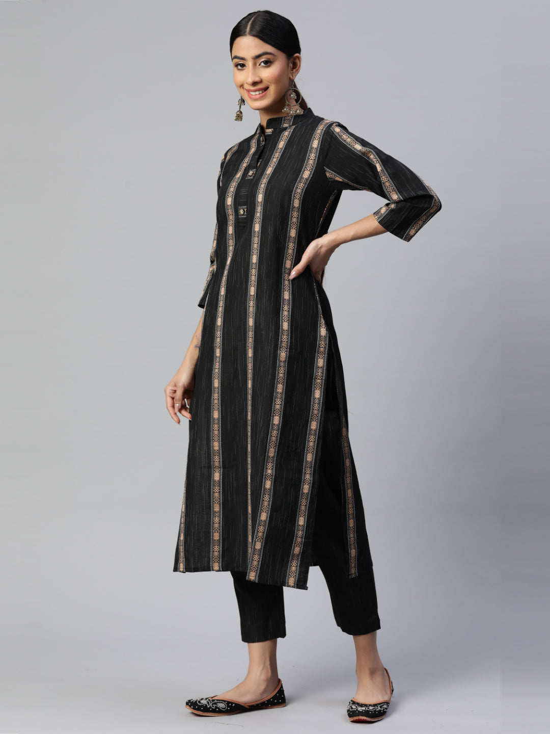 Black Straight Cotton Blend Kurta Set