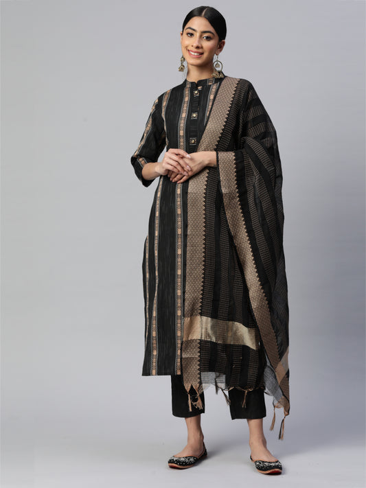 Black Straight Cotton Blend Kurta Set