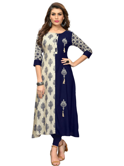 Blue & White Color Rayon Straight Kurti