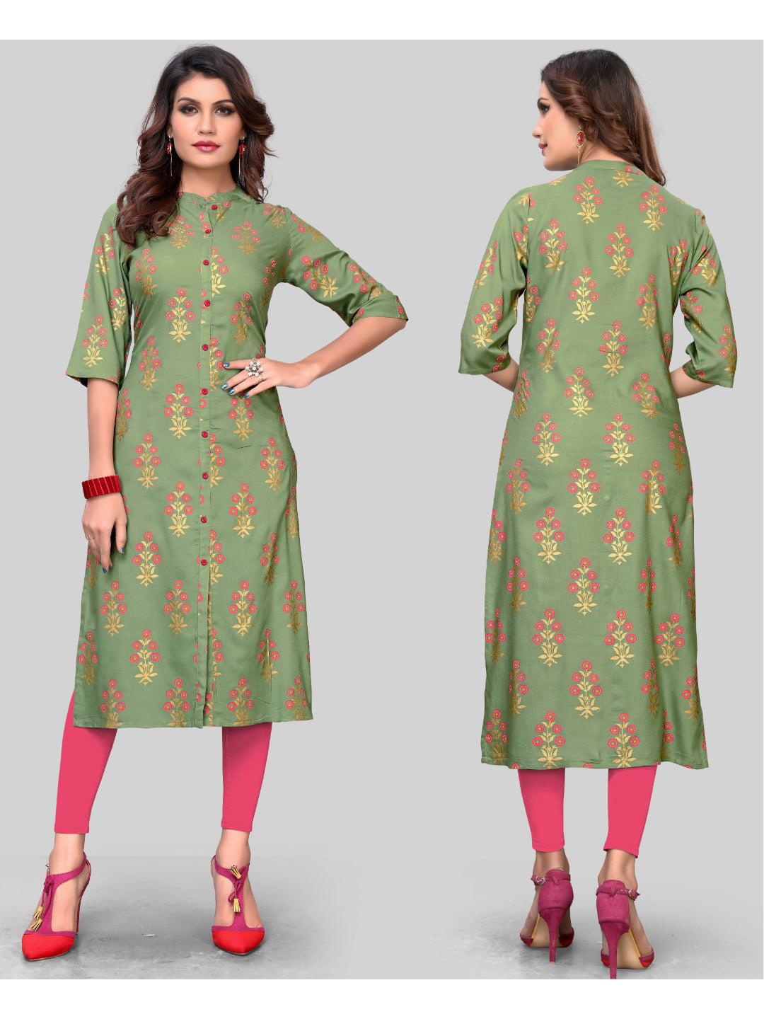 Light Green Printed Rayon Straight Kurti