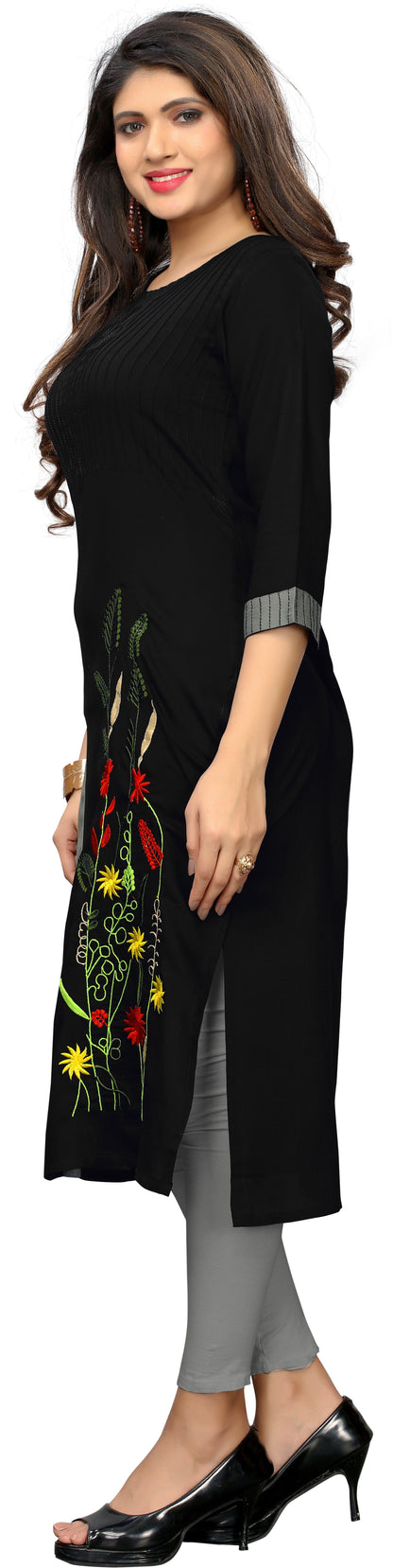 Black Embroidered Straight Rayon Kurti