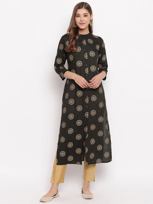 Dark Green Printed Straight Cotton Kurti