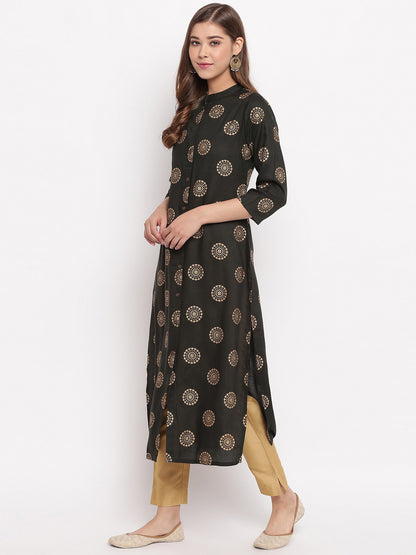 Dark Green Printed Straight Cotton Kurti