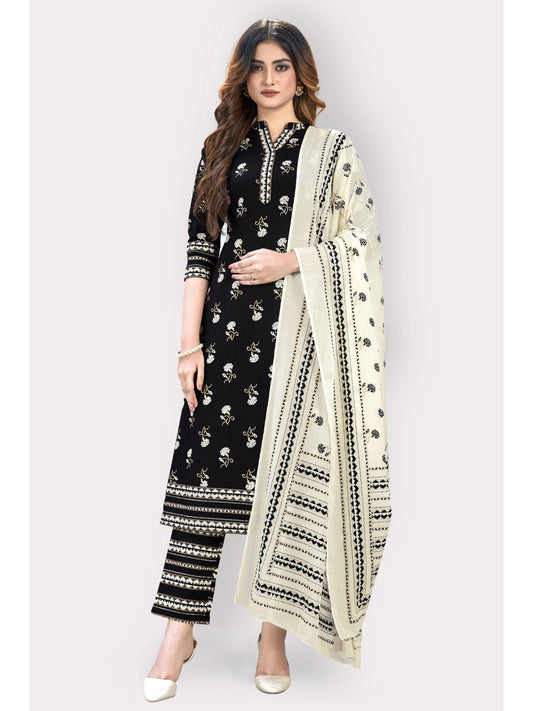 Black Embroidered Straight Cotton Kurta Set