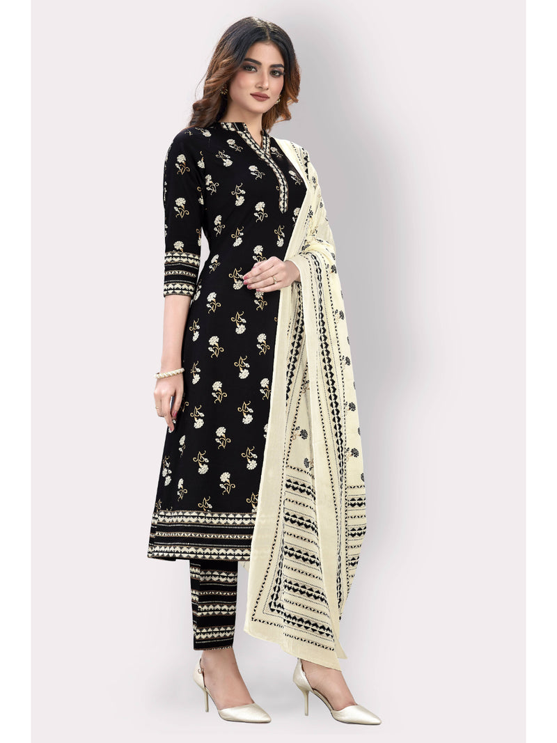 Black Embroidered Straight Cotton Kurta Set