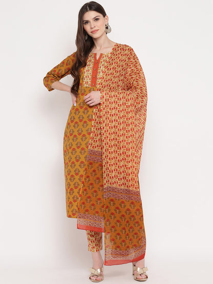 Mustard Yellow Embroidered Straight cotton Kurta Set