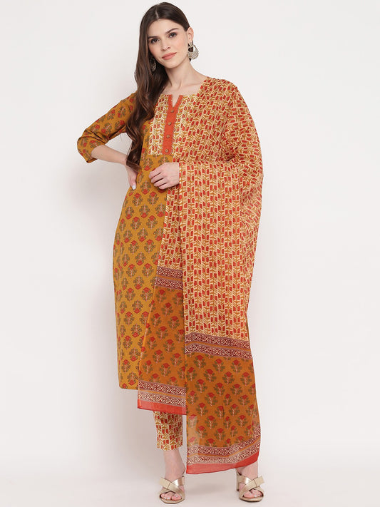 Mustard Yellow Embroidered Straight cotton Kurta Set