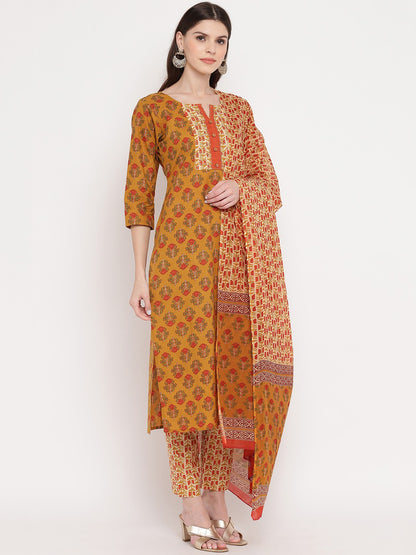 Mustard Yellow Embroidered Straight cotton Kurta Set