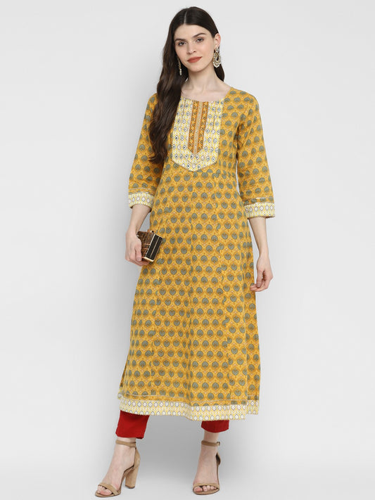 Yellow Embroidered Anarkali Cotton Kurta