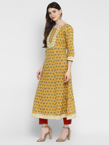Yellow Embroidered Anarkali Cotton Kurta