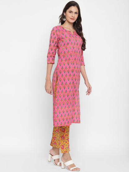 Pink Embroidered Straight Cotton Kurta Pant