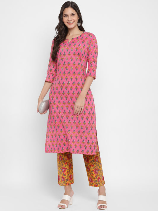 Pink Embroidered Straight Cotton Kurta Pant