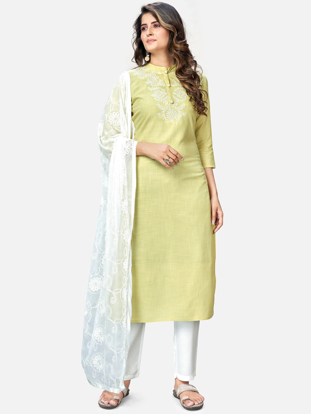 Lime Embroidered Straight Rayon Kurta Set