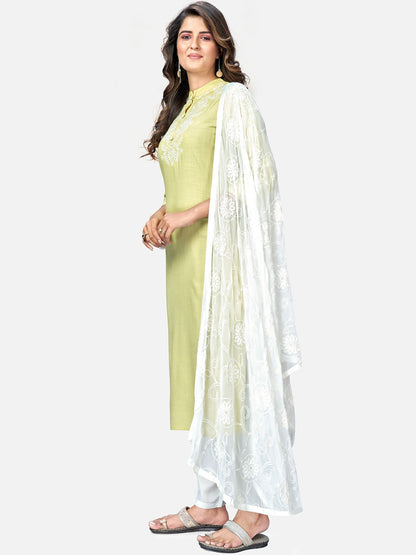 Lime Embroidered Straight Rayon Kurta Set