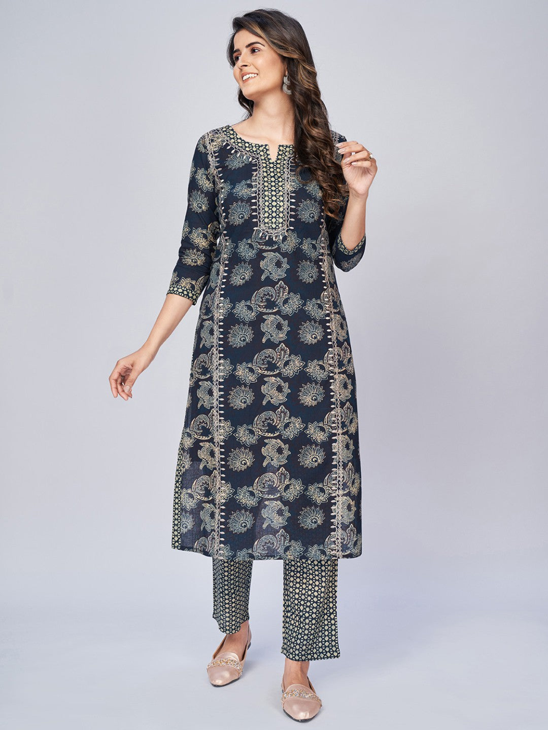 Blue Embroidered Straight Cotton Kurta Set