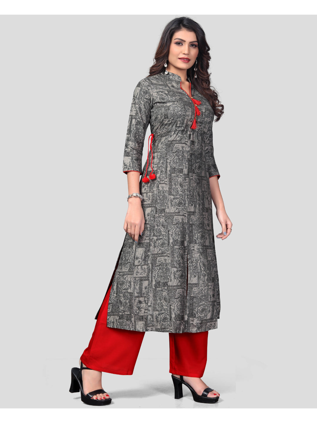 Grey Printed Straight Rayon Kurti