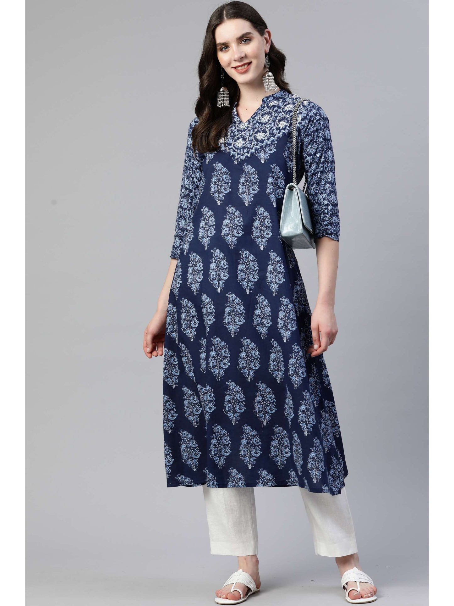 Blue A-Line Cotton Kurta