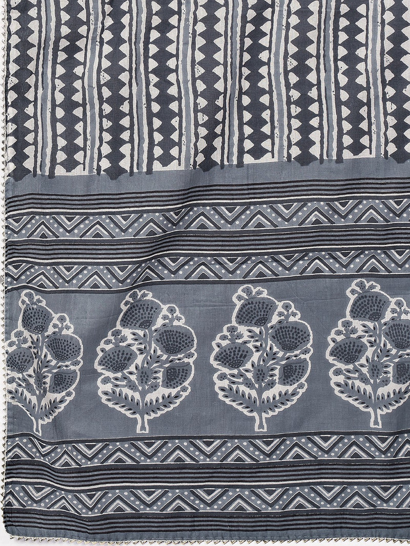 Dark Grey Embroidered Anarkali Cotton Kurta Set