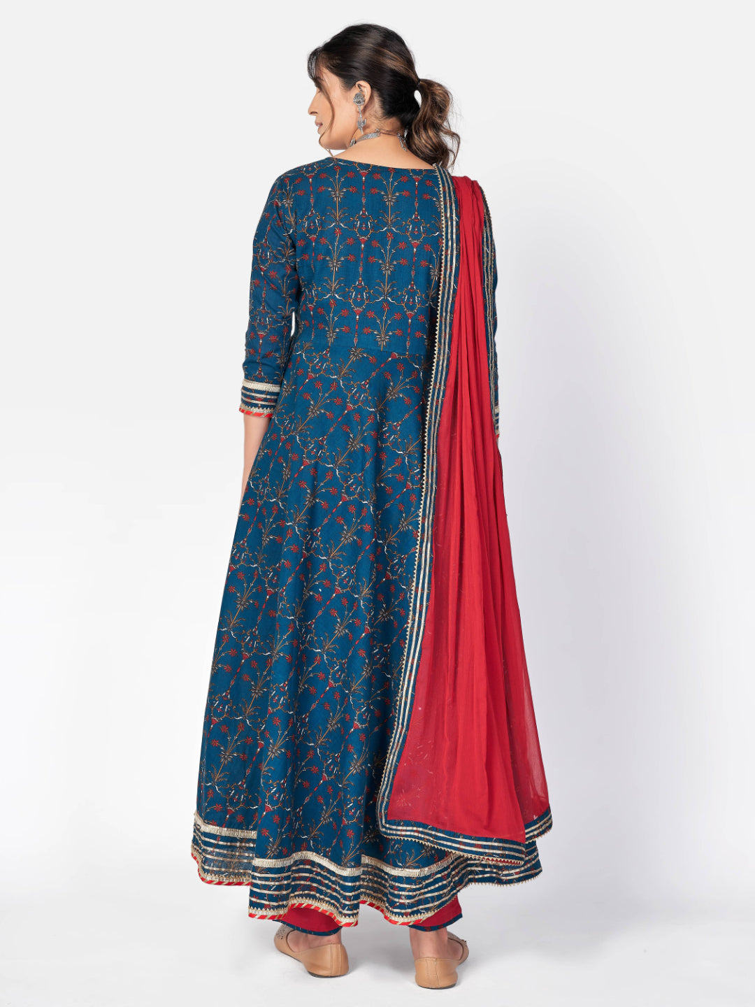 Dark Aqua Printed Anarkali Cotton Kurta Set