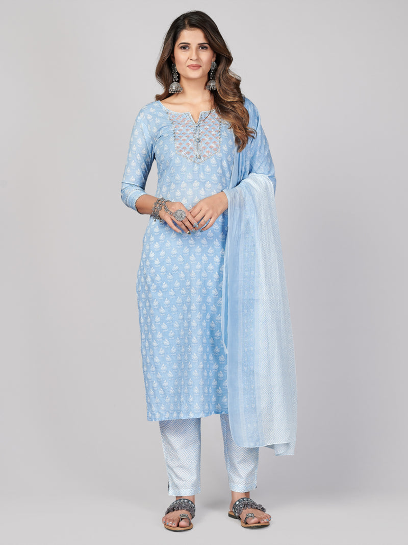 Sky Blue Embroidered Straight Cotton Kurta Set