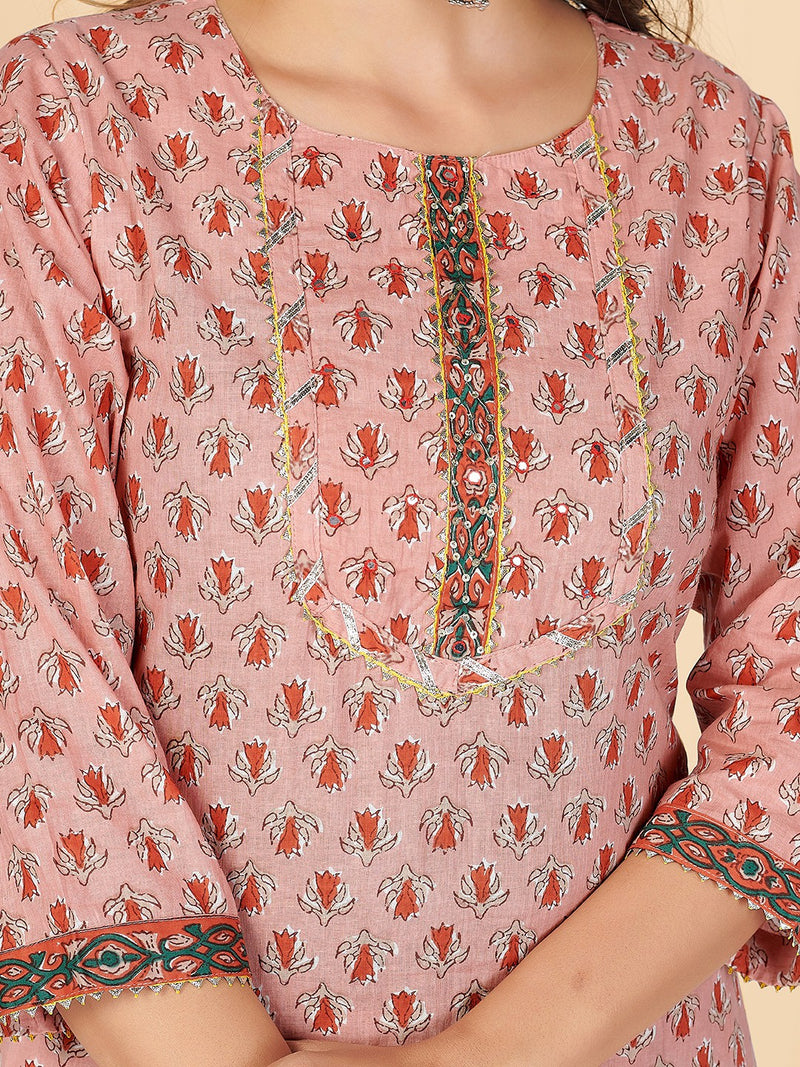 Peach Embroidered Straight Cotton Kurta Set