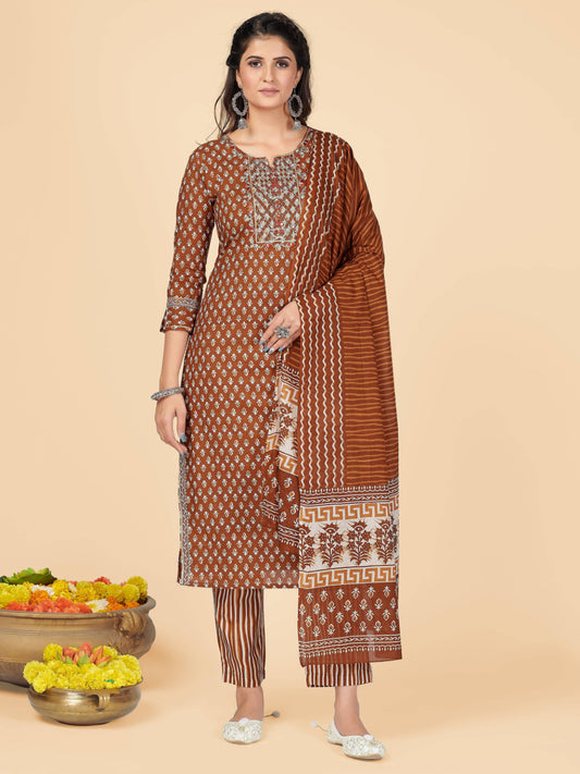 Brown Embroidered Straight Cotton Kurta Set