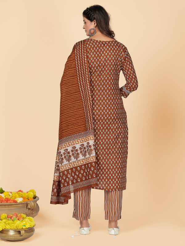 Brown Embroidered Straight Cotton Kurta Set