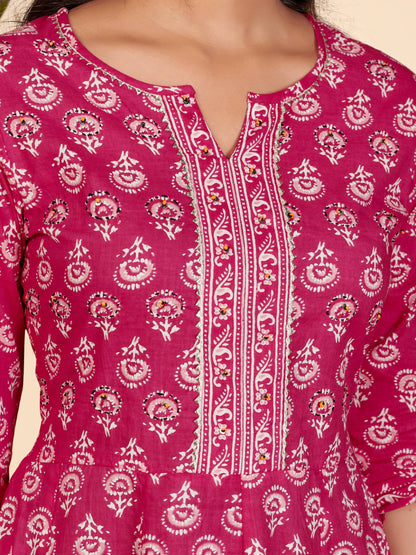 Pink Embroidered Anarkali Cotton Kurta Set