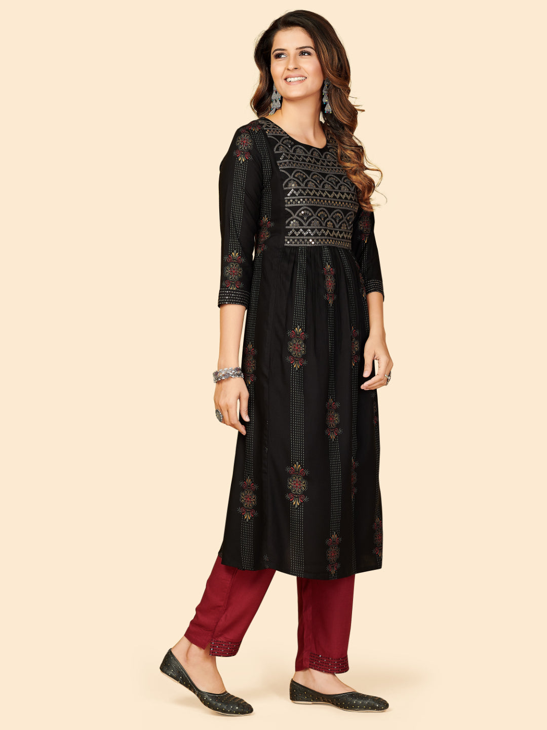 Black Embroidered Anarkali Rayon Kurta Pant