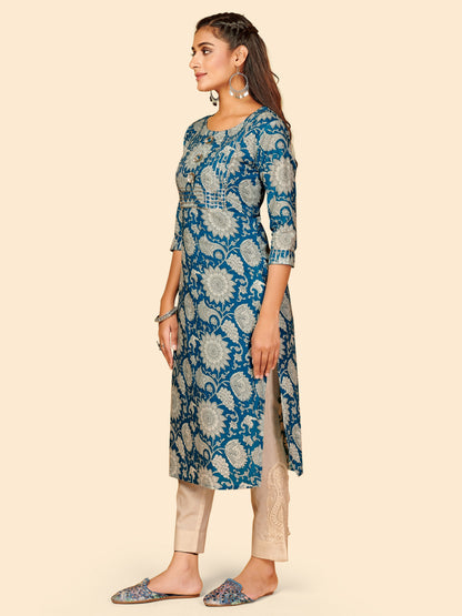 Blue Embroidered Straight Cotton Kurta