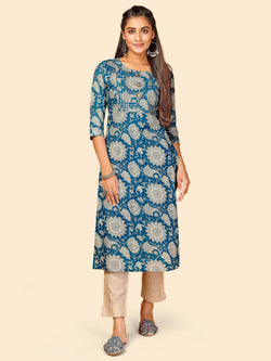 Blue Embroidered Straight Cotton Kurta