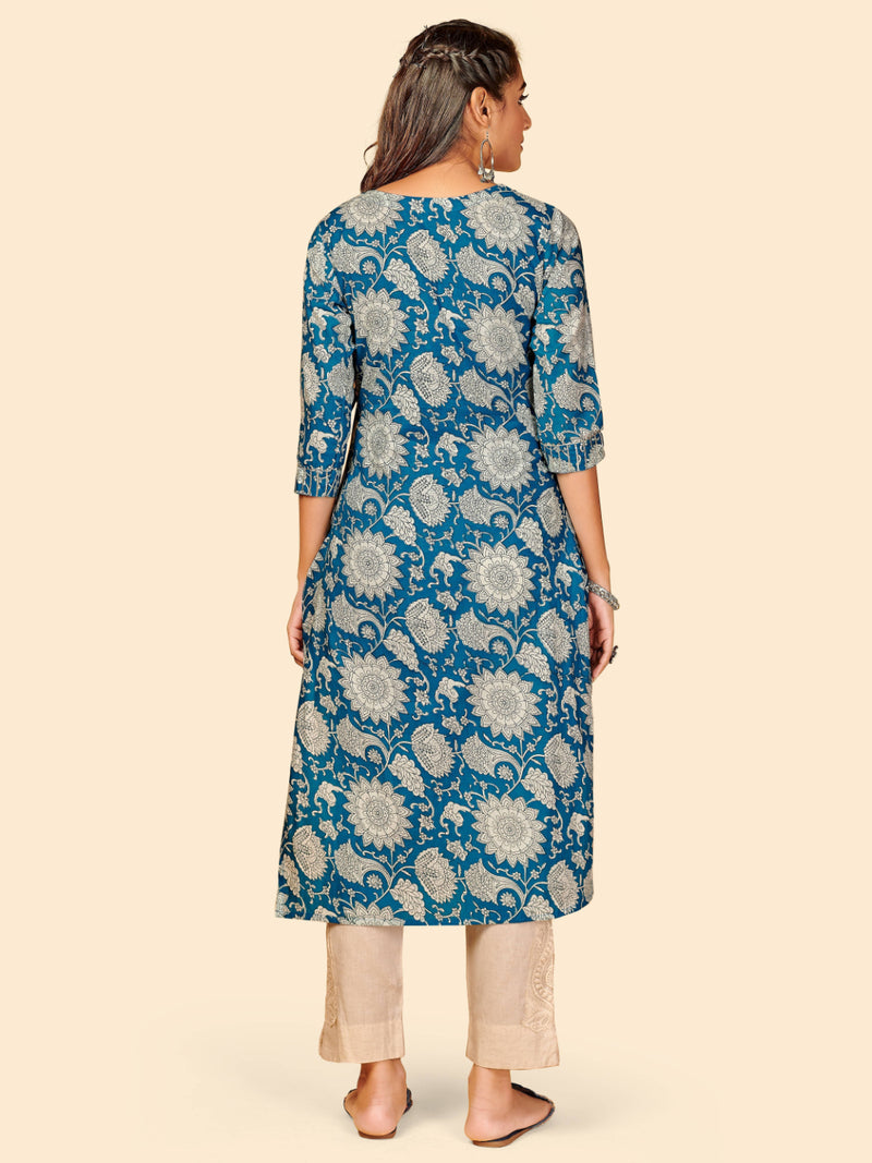 Blue Embroidered Straight Cotton Kurta